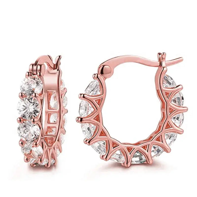 Rose gold Huitan crystal CZ hoop earrings pair for women, full pave, statement wedding jewelry by Simples Market