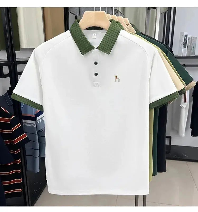 Men's polo shirt, white with green collar and cuffs, small dog embroidery on chest