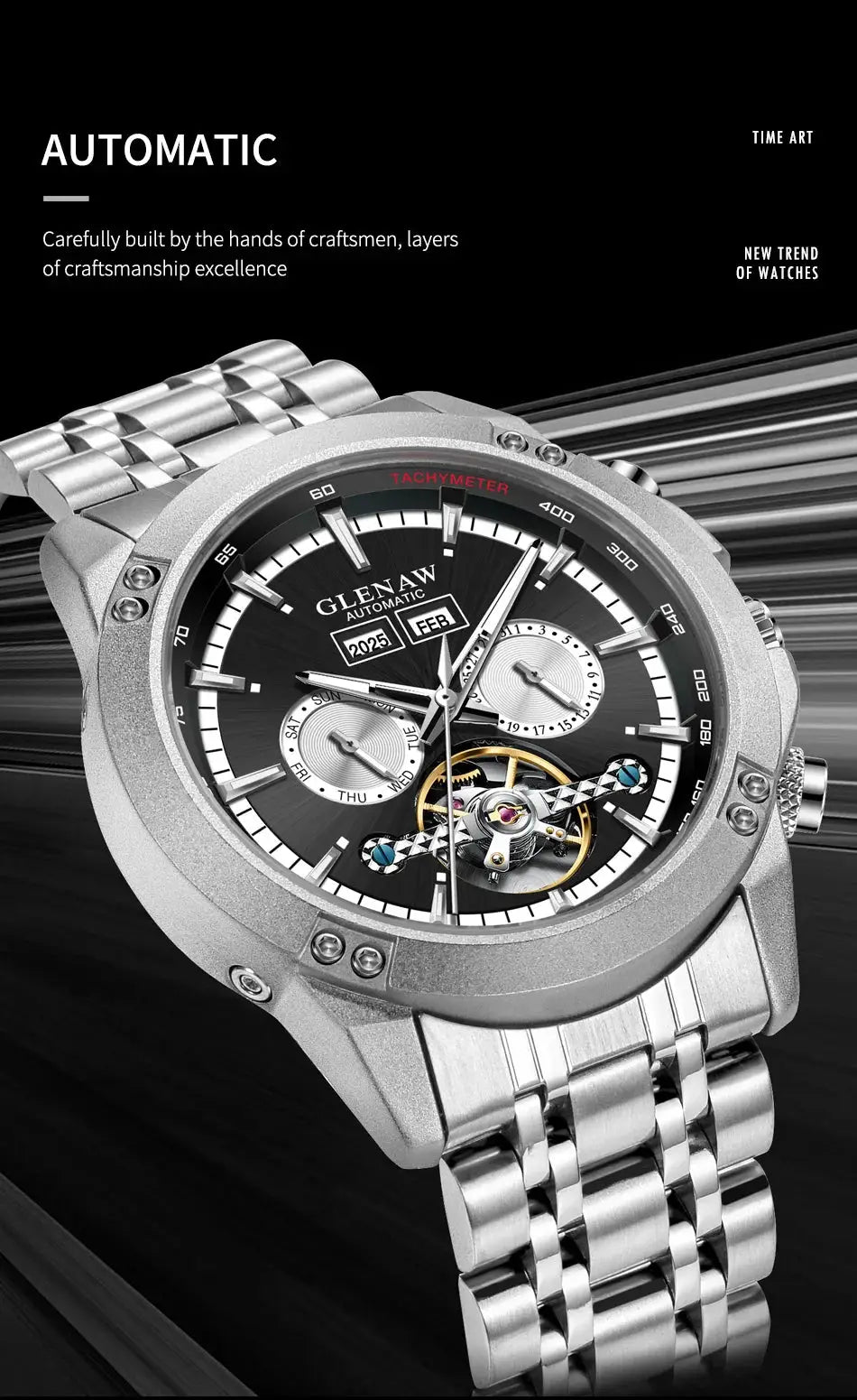Glenaw automatic men's skeleton watch with silver stainless steel band and black dial