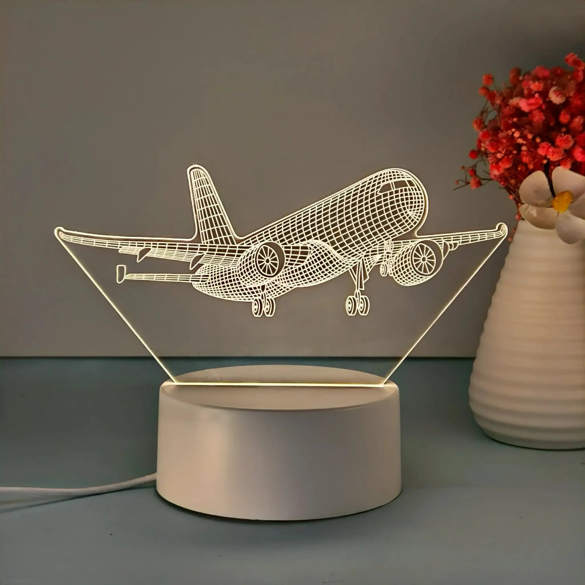Aircraft model 3D night light by Simples Market, USB powered, white wireframe airplane decor