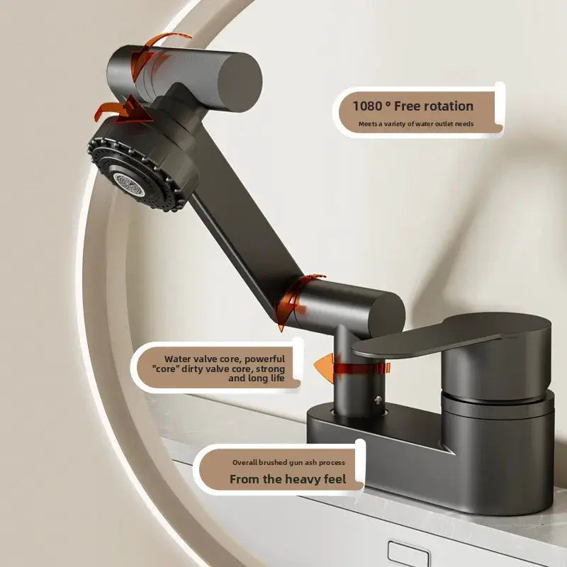 Simples Market wash basin faucet in dark metal with double-hole mounting and 1080-degree rotation