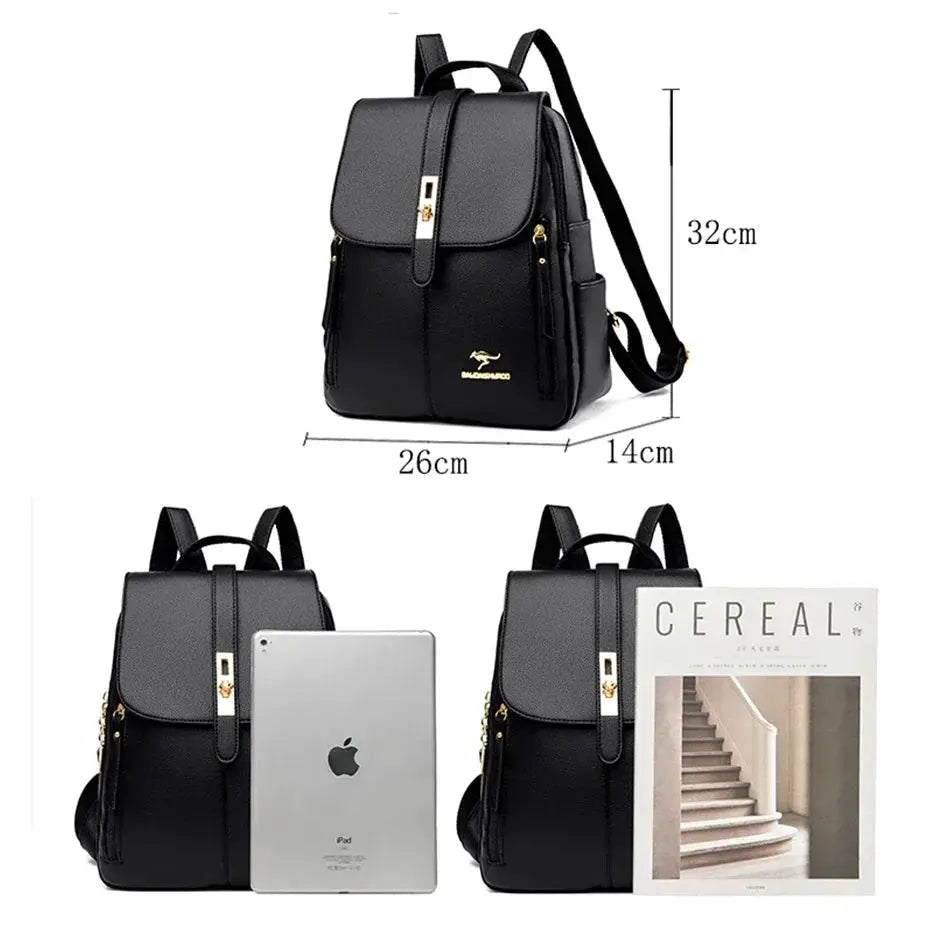 Simples Market leather backpack, large-capacity black rucksack with gold hardware, 32cm tall, 26cm wide, 14cm deep.