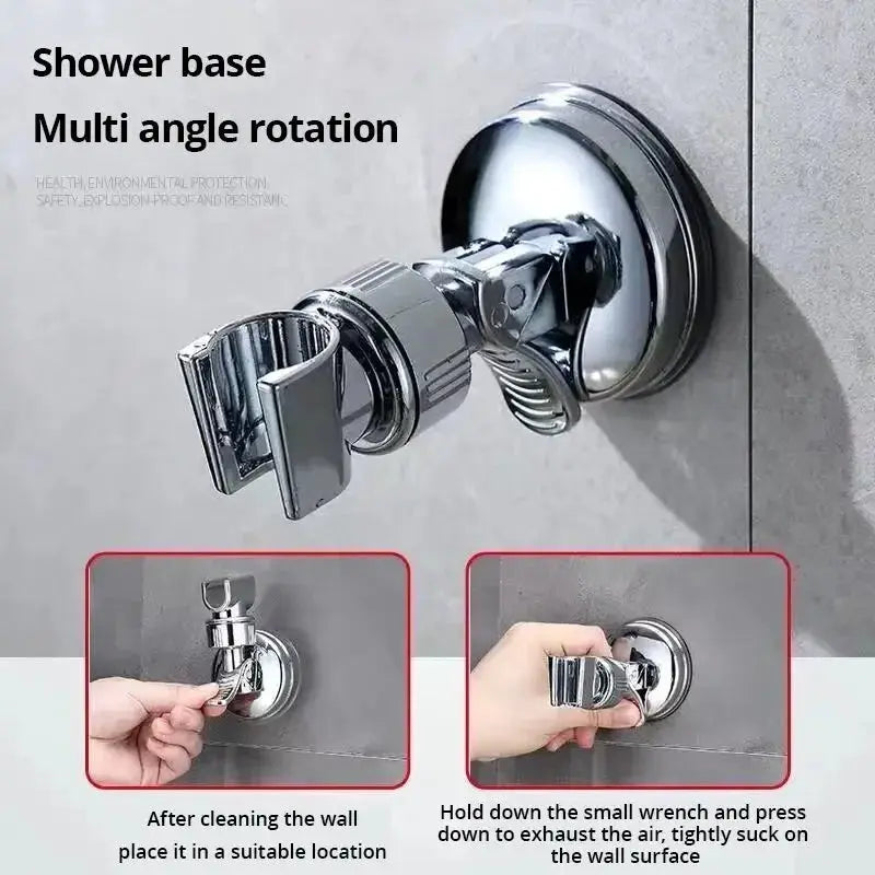 Adjustable chrome shower rack with suction cup mount for handheld shower head, multi-angle rotation