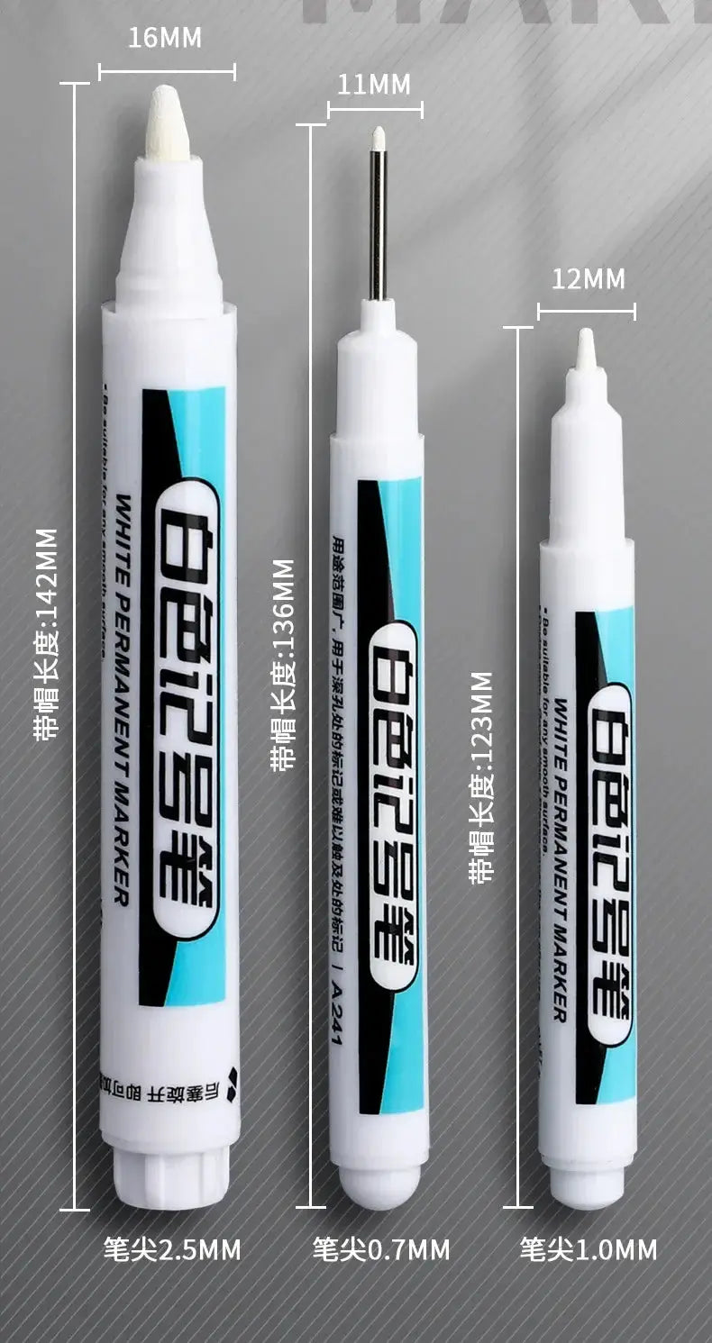 White marker pens 3pc by Simples Market; 2.5mm, 0.7mm and 1.0mm tips; waterproof oily permanent markers for wood/plastic