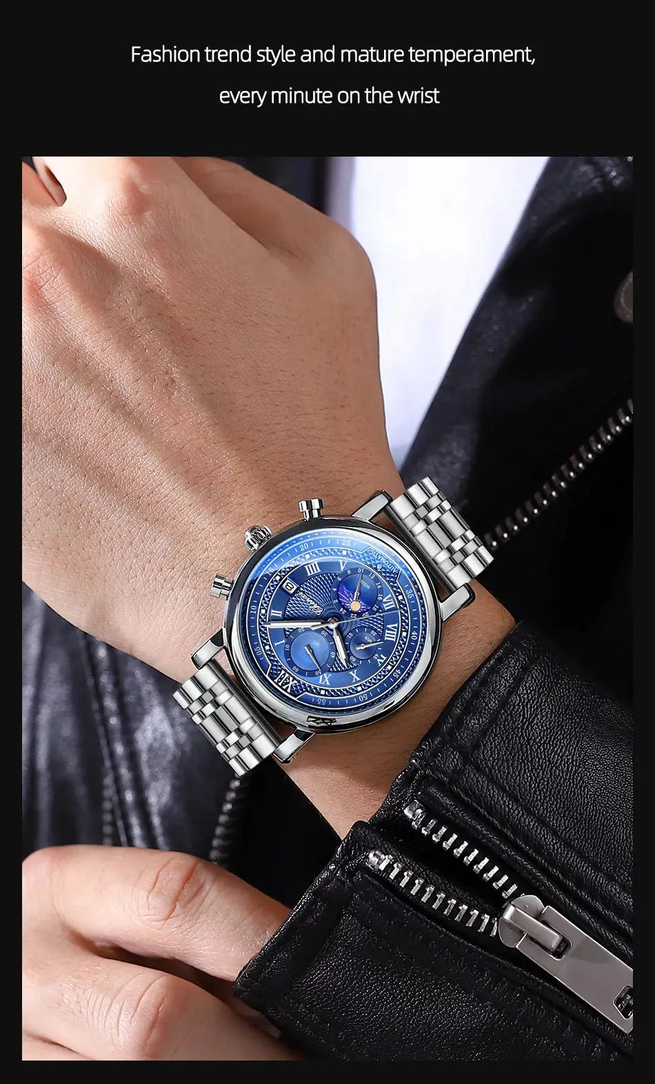 Chenxi 976 blue chronograph watch with stainless steel bracelet and date window