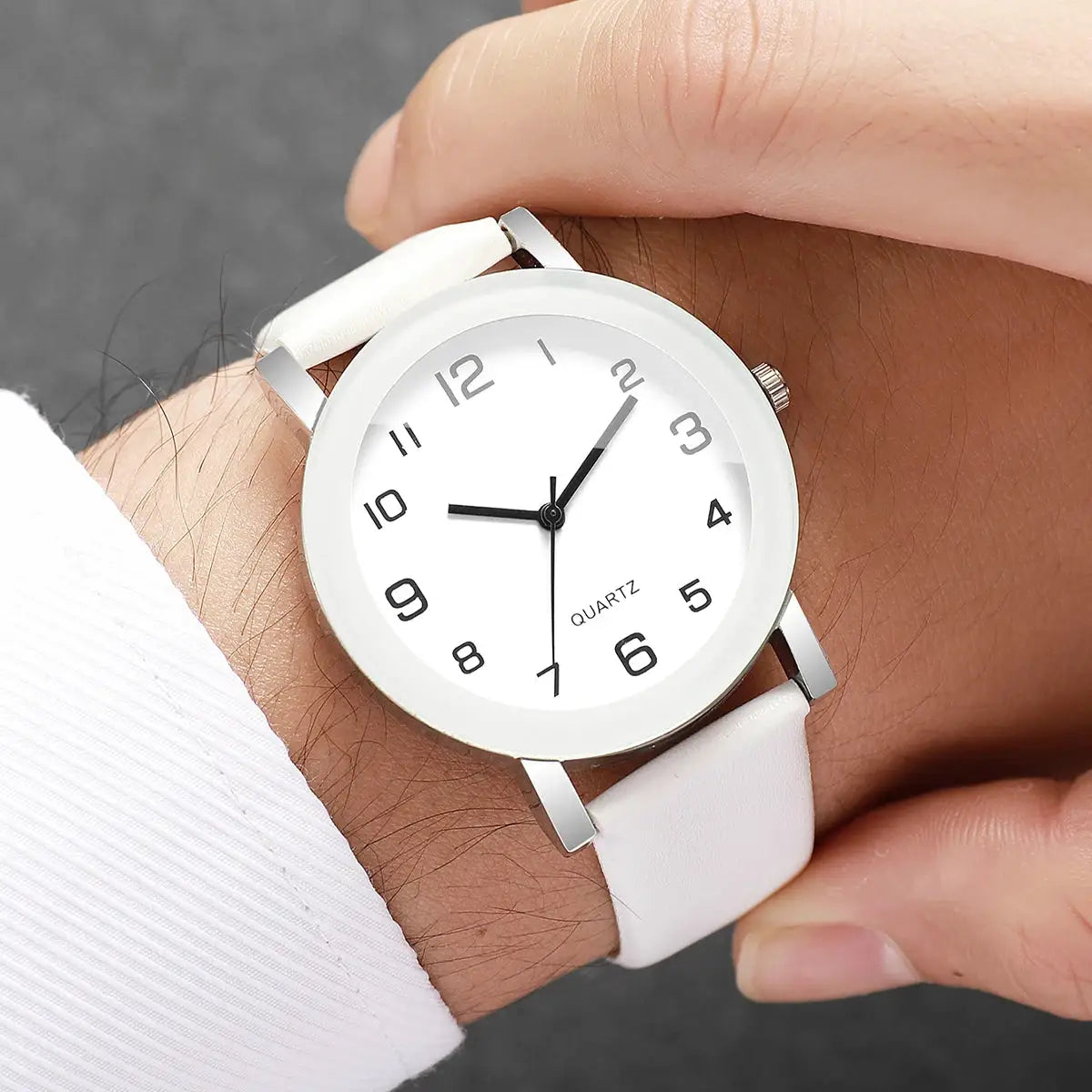 White leather strap couple's wristwatch with Arabic numeral dial, unisex design, quartz movement, no box