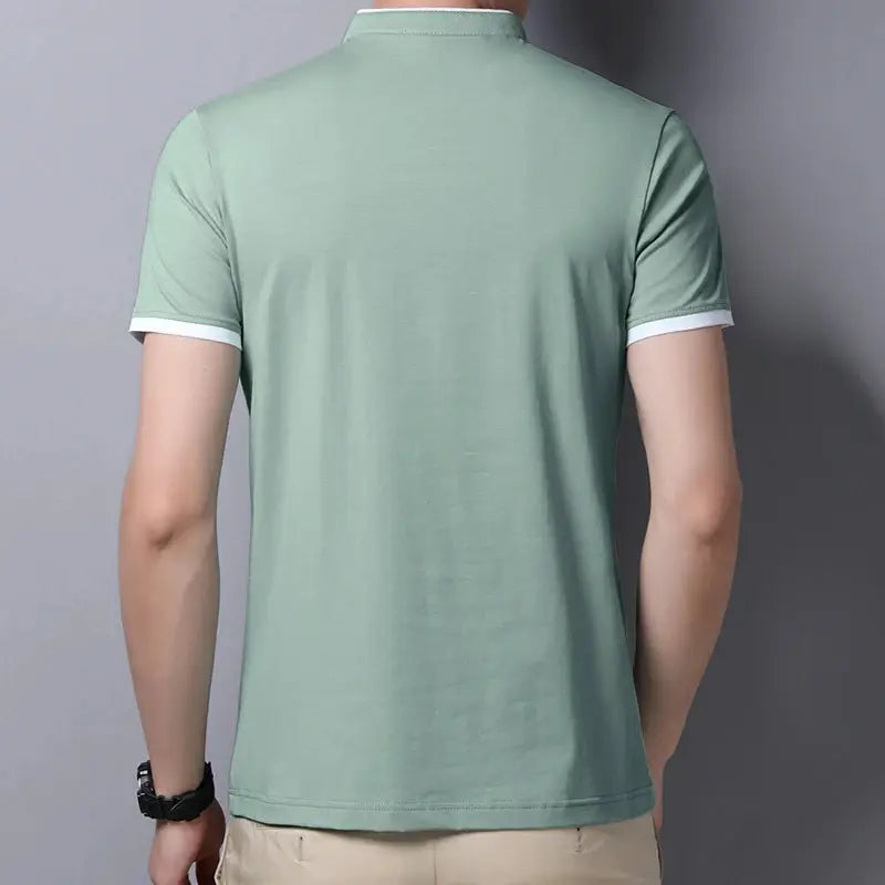 Men's short-sleeve stand-up collar T-shirt in solid light green, casual summer top