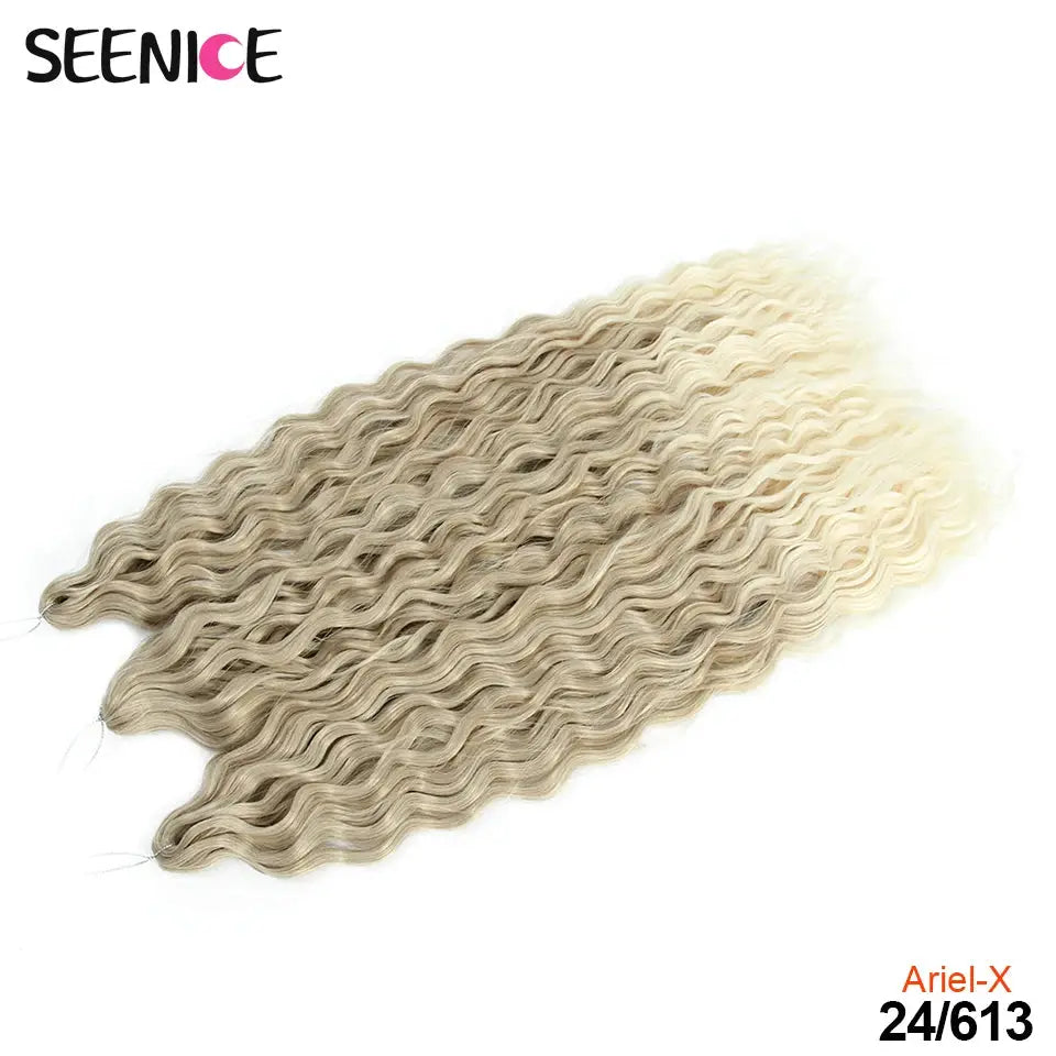 Ariel Curl crochet hair extensions, water-wave twists, blonde ombre, synthetic braids, multiple bundles, SEENICE logo