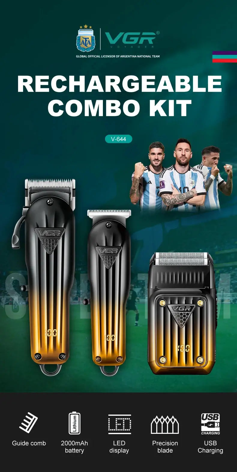 3-piece VGR 644 gradient rechargeable hair clipper, trimmer, and shaver kit in black-to-gold finish