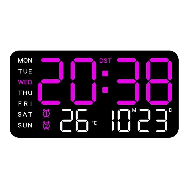 Mirror-brushed finish digital wall clock with purple LED digits displaying time, day, date, and temperature