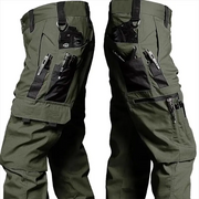 Olive green men's tactical cargo work pants with multiple zip pockets