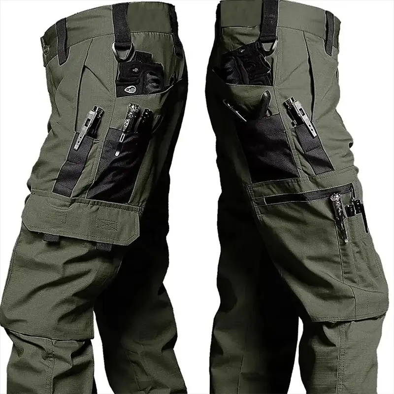 Olive green men's tactical cargo work pants with multiple zip pockets