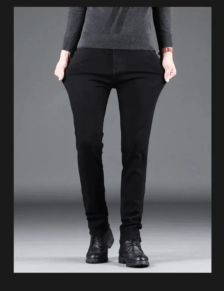 Men's black slim denim jeans, straight-leg casual and business-ready pants