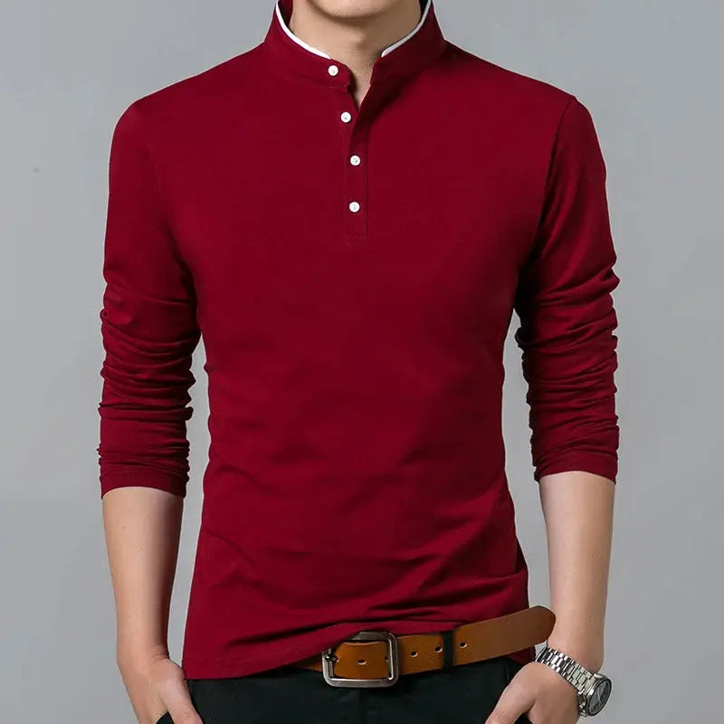 Men's burgundy long-sleeve polo shirt with stand collar and three-button placket