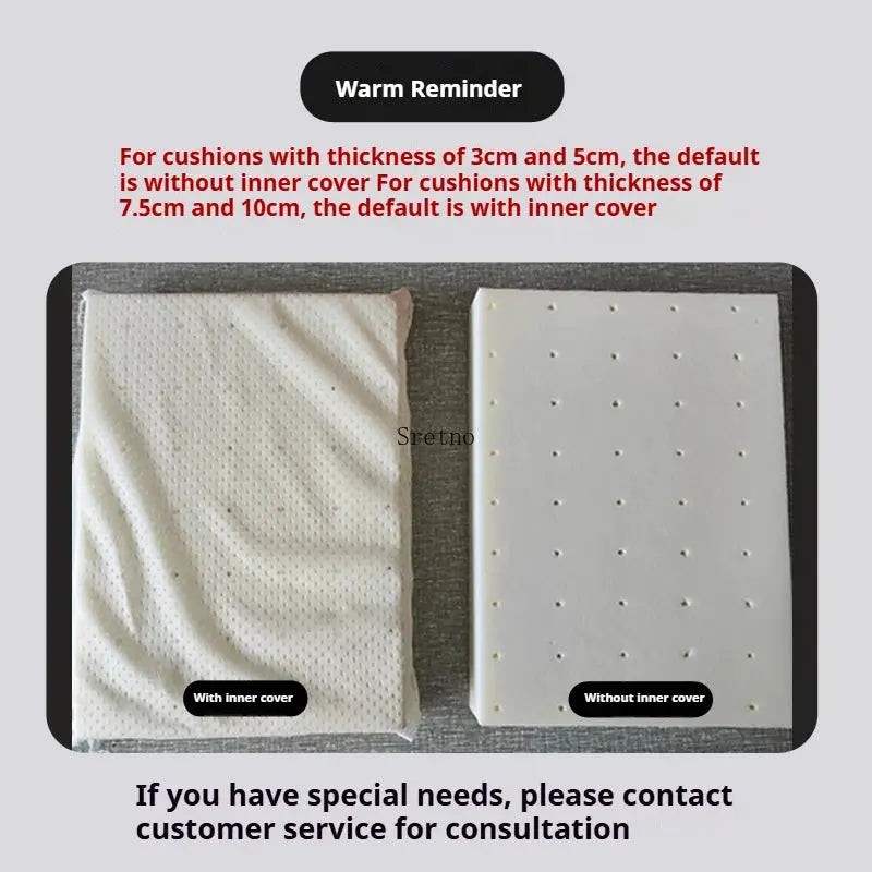 SRETNO natural latex cushion set with two white cushions, one with inner cover and one without.