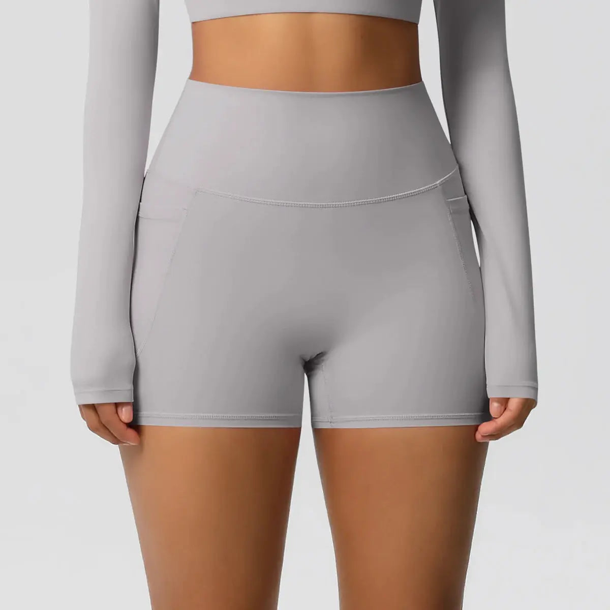 Womens high-waist pocketed athletic shorts in light gray, Simples Market gym/yoga shorts with quick-dry, squat-proof fabric