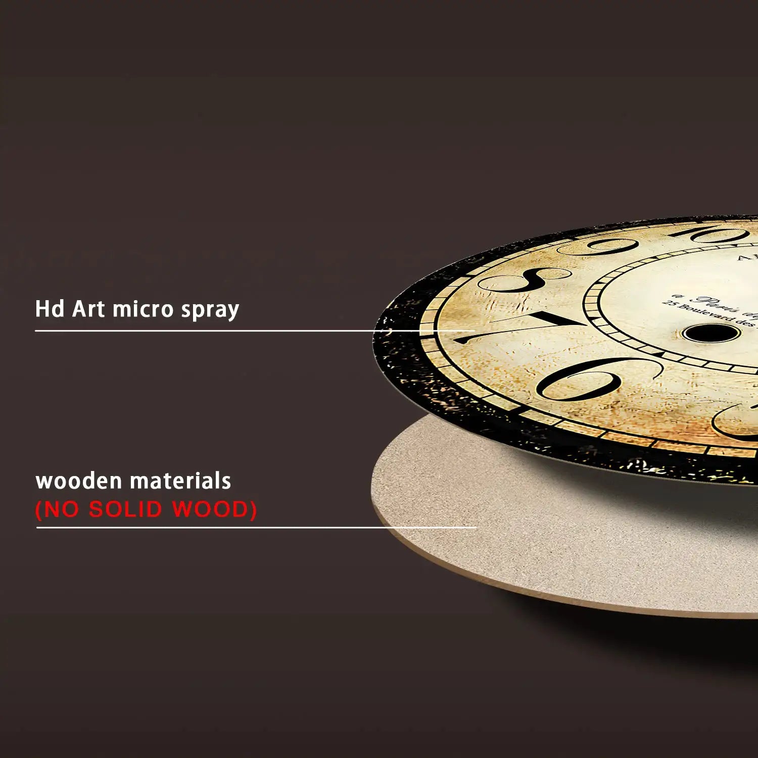 Round antique-style wooden wall clock with beige dial and bold black numerals