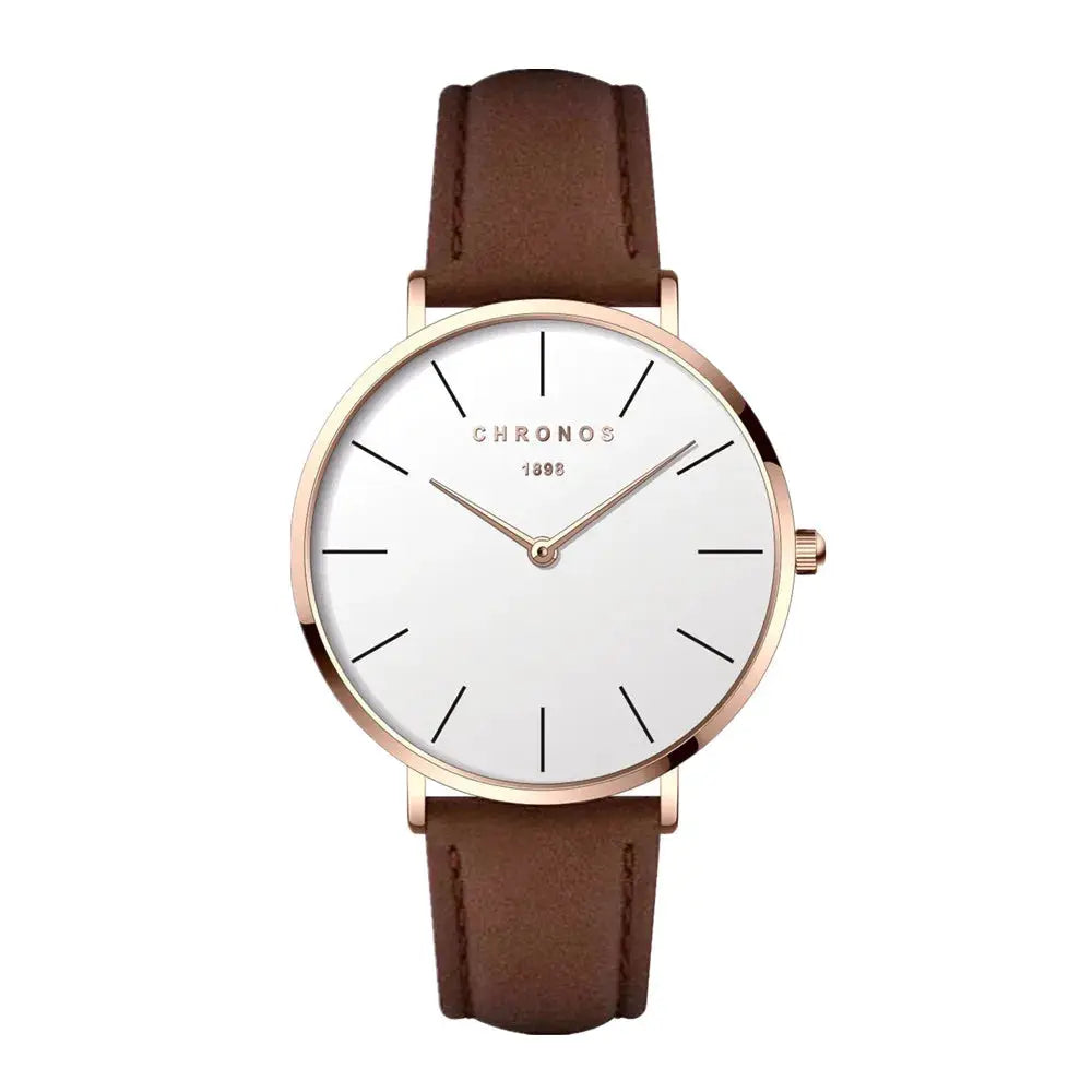 CHRONOS unisex minimalist watch with rose-gold case, white dial, brown leather strap