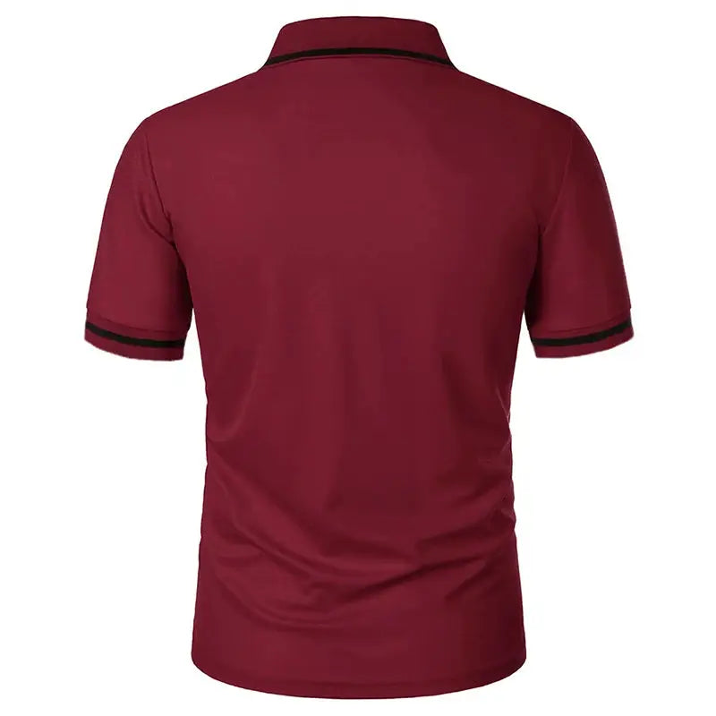 Men's maroon short-sleeve polo shirt with black trim on collar and cuffs, back view