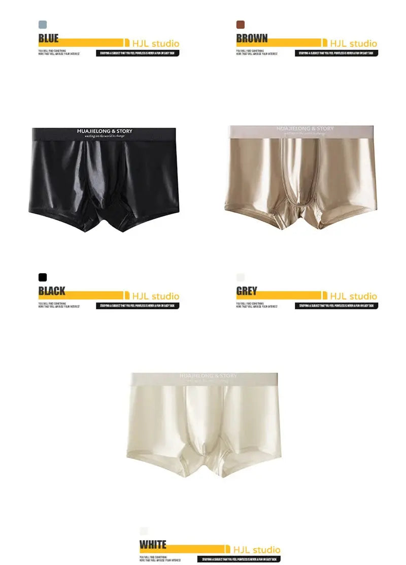 Men's satin boxer briefs in assorted colors by Simples Market; plus size 4XL.
