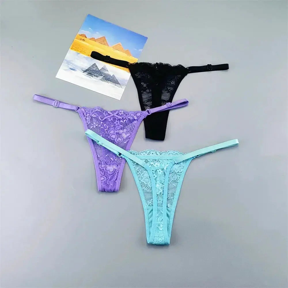 Simples Market 3pc lace thong panty set in black, purple & turquoise; adjustable sides, low-rise T-back underwear