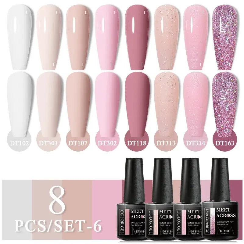 MEET ACROSS 8-Piece Gel Nail Polish Set by Simples Market in glitter red, pink & orange shades; soak-off UV gel varnish