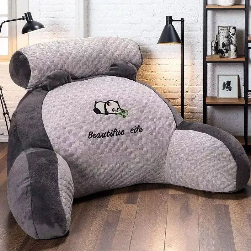 Adjustable reading pillow with panda embroidery in gray quilted fabric; back support for bed, sofa, or floor