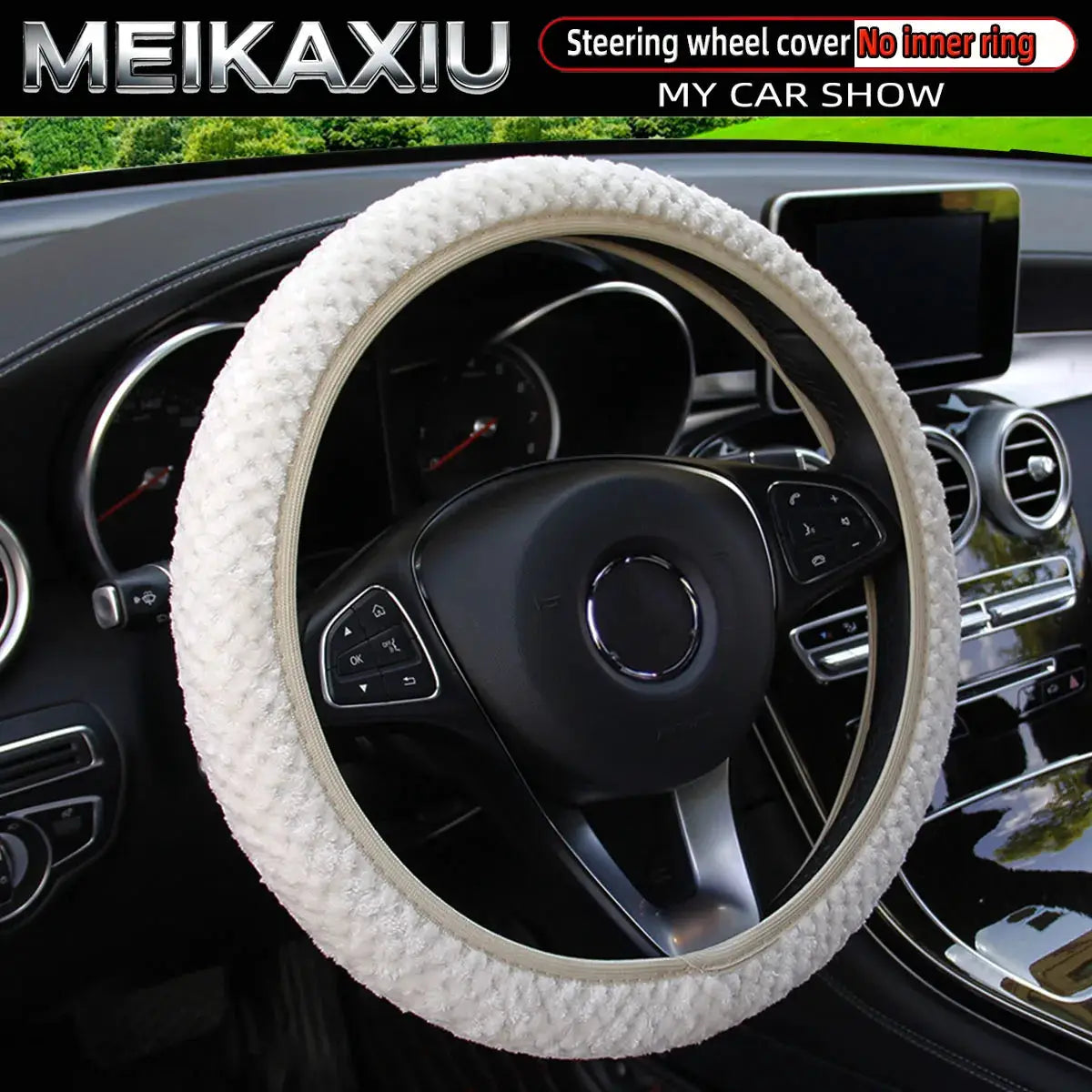 Women's winter plush steering wheel cover, white short fur, elastic, without inner ring