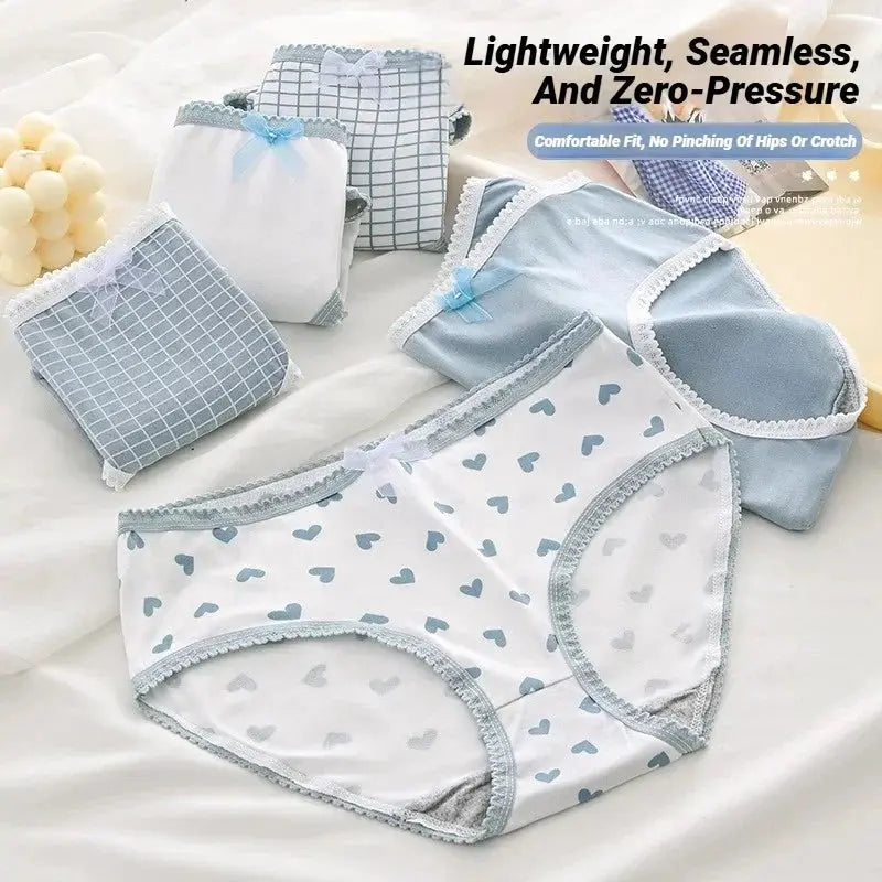 5pc women's briefs set in white with blue heart print and pale blue lace trim
