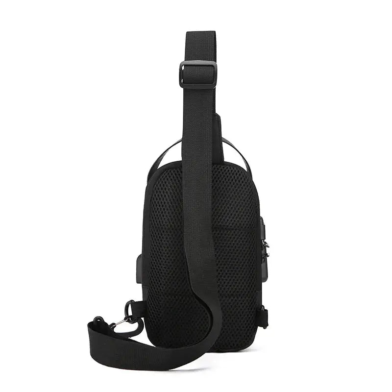 Men's black anti-theft chest bag with crossbody strap and mesh back.