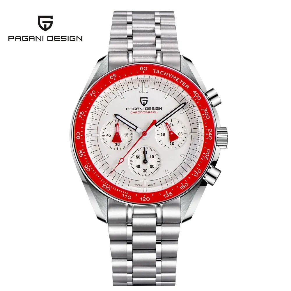 Pagani Design VK63 men's chronograph watch with white dial, red bezel, and stainless steel bracelet
