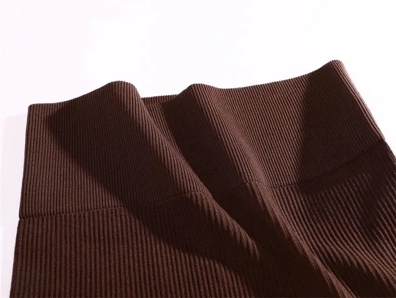 Women ribbed knit high-waist mini skirt; brown, soft stretchy fabric