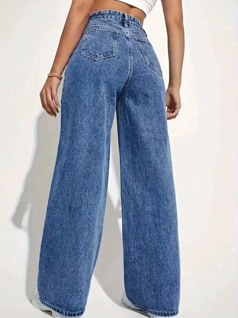 Retro Blue Jeans For Women Y2K High Waist Baggy Straight Leg Denim