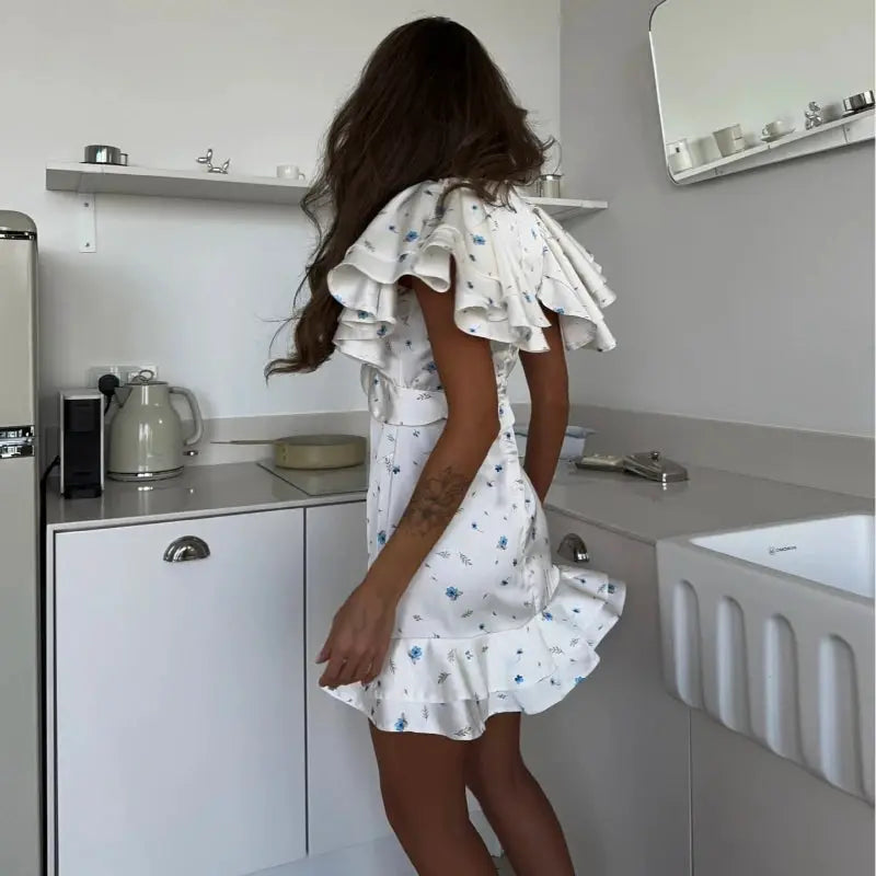 Women's 2026 Spring Summer Ruffled Floral Short Skirt Dress V Neck