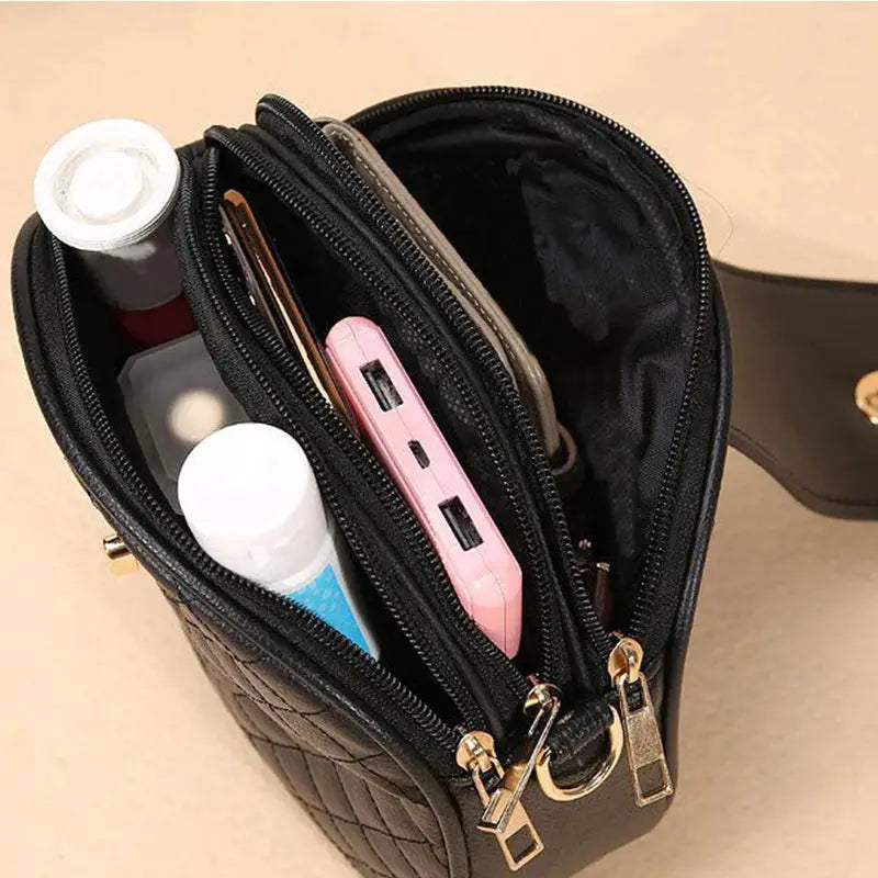 Gentle Compact Quilted Oval Crossbody Bag, black PU with multi-layer zipper storage — Simples Market