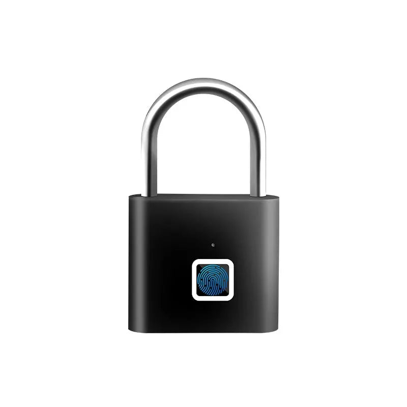 Keyless fingerprint padlock with black body, silver steel shackle, fingerprint sensor.