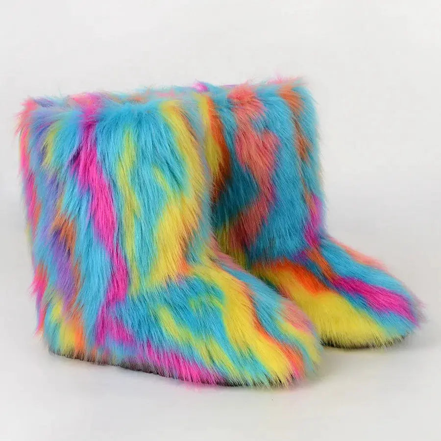 Women's Winter Snow Boots With Plush Faux Fox Fur Mid Calf Warm Platform Shoes For Cold Weather Outdoor