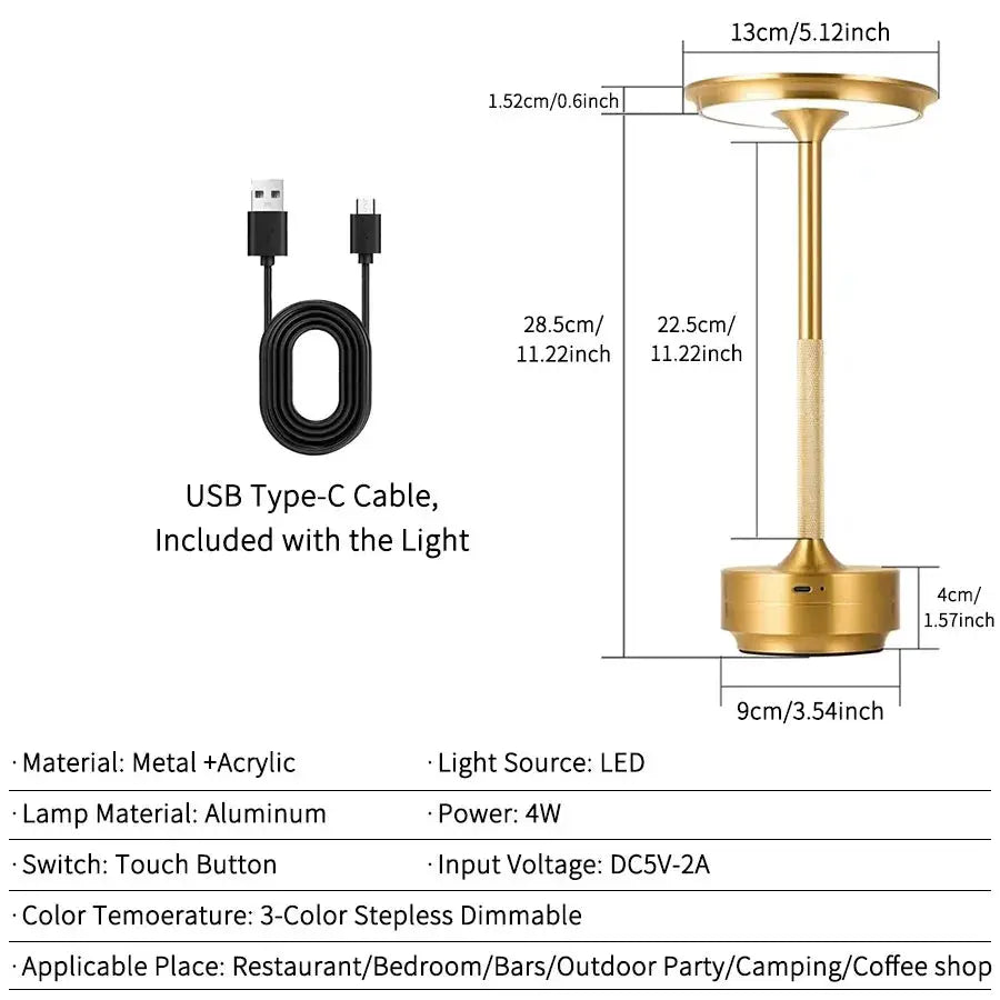 Wireless simple decorative table lamp by Simples Market, gold-tone aluminum, touch-dimmable, USB-C cable included