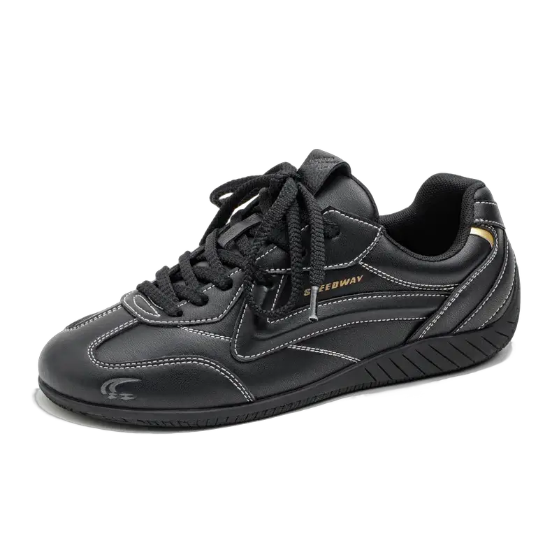 Maden unisex black vintage patchwork racing sneakers with thin sole and white stitching