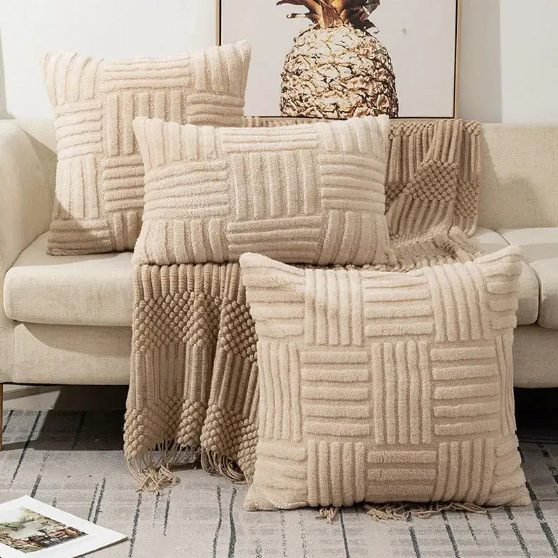 Boho faux-fur throw pillow cover, cream white, luxury plush cushion for sofa
