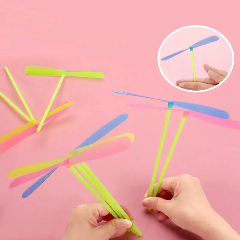 5 or 30 Pack Plastic Bamboo Dragonfly Shape Hand Push Flying Propeller Outdoor Toy for Kids and Adults