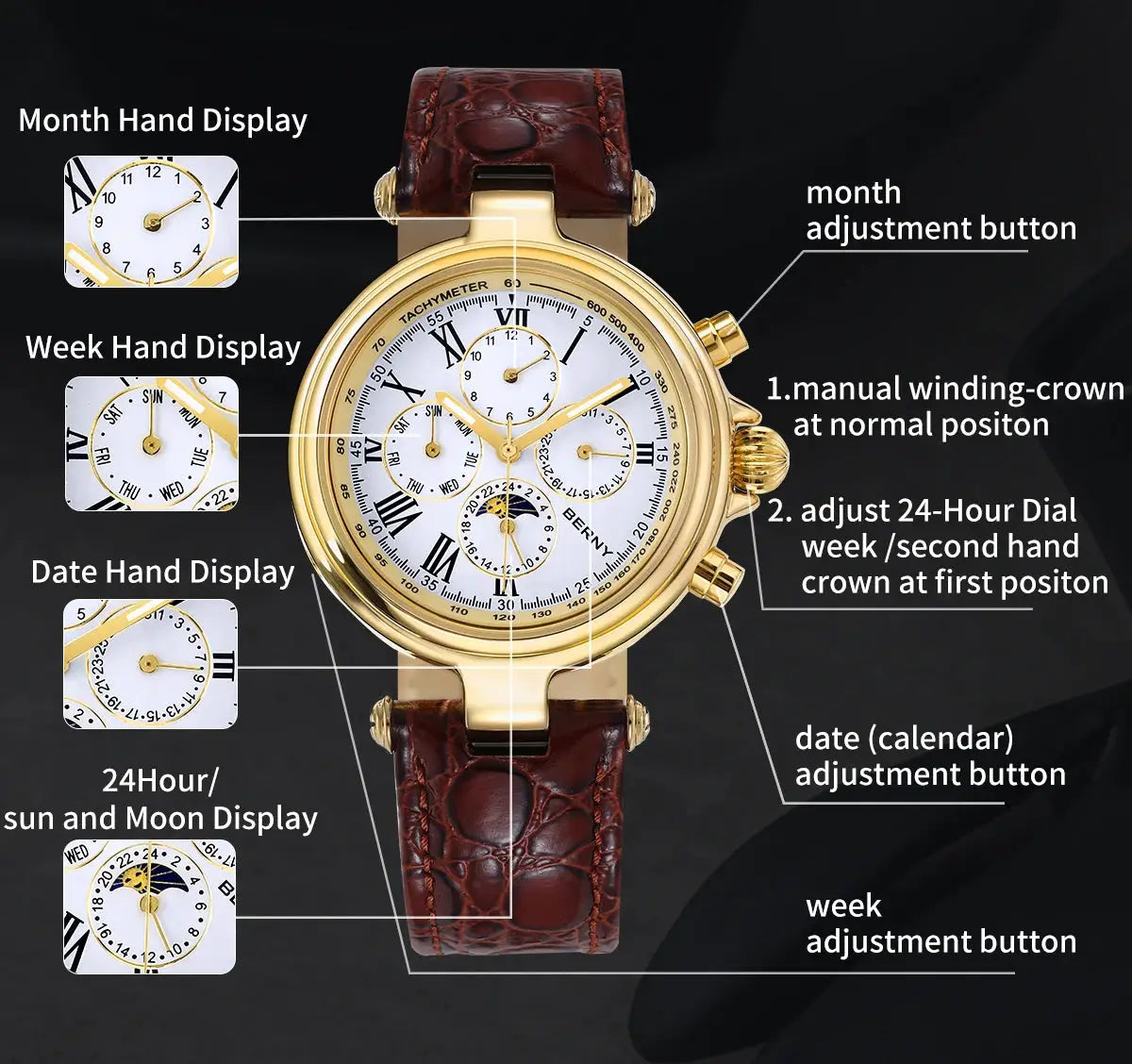 BERNY Retro automatic men's watch with gold-tone case, brown leather strap, sun & moon phase, Roman numeral dial