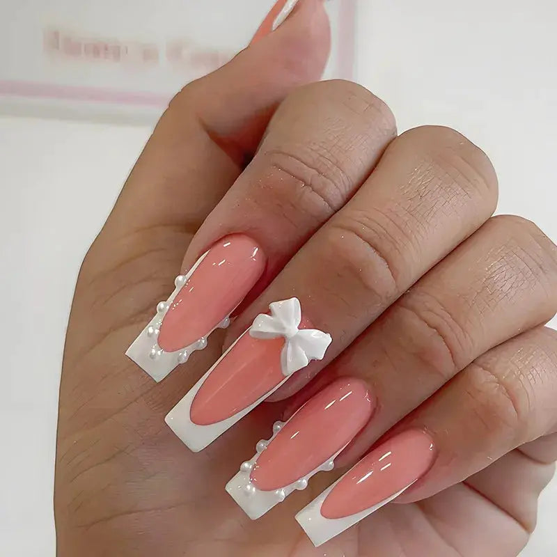 LuxeNail White French Press On Nails 3D Bowknot Full Cover Tips Durable 24Pcs DIY Manicure Set