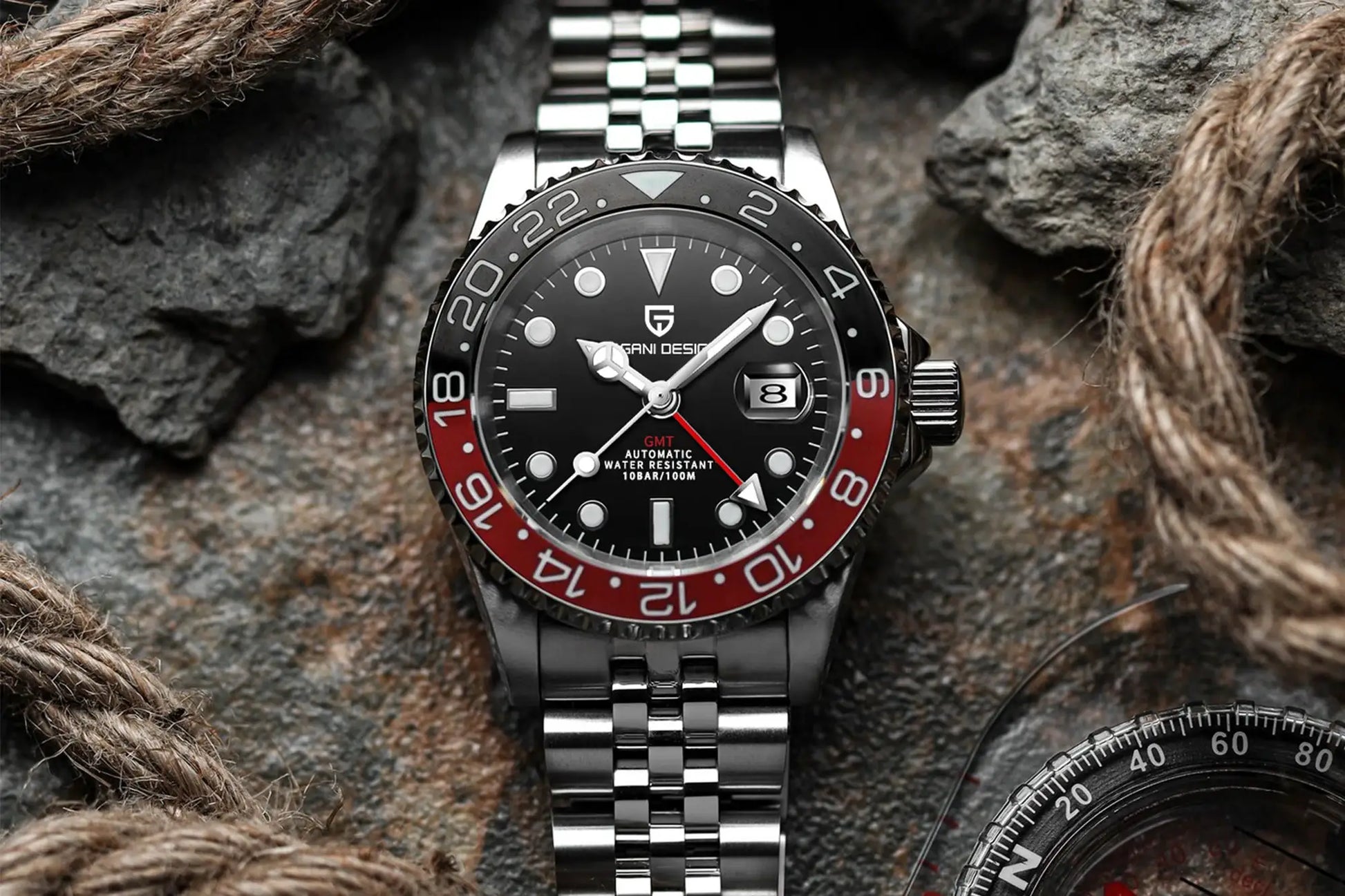 Pagani Design V3 GMT watch with stainless steel bracelet, black dial and red/black bi-color bezel
