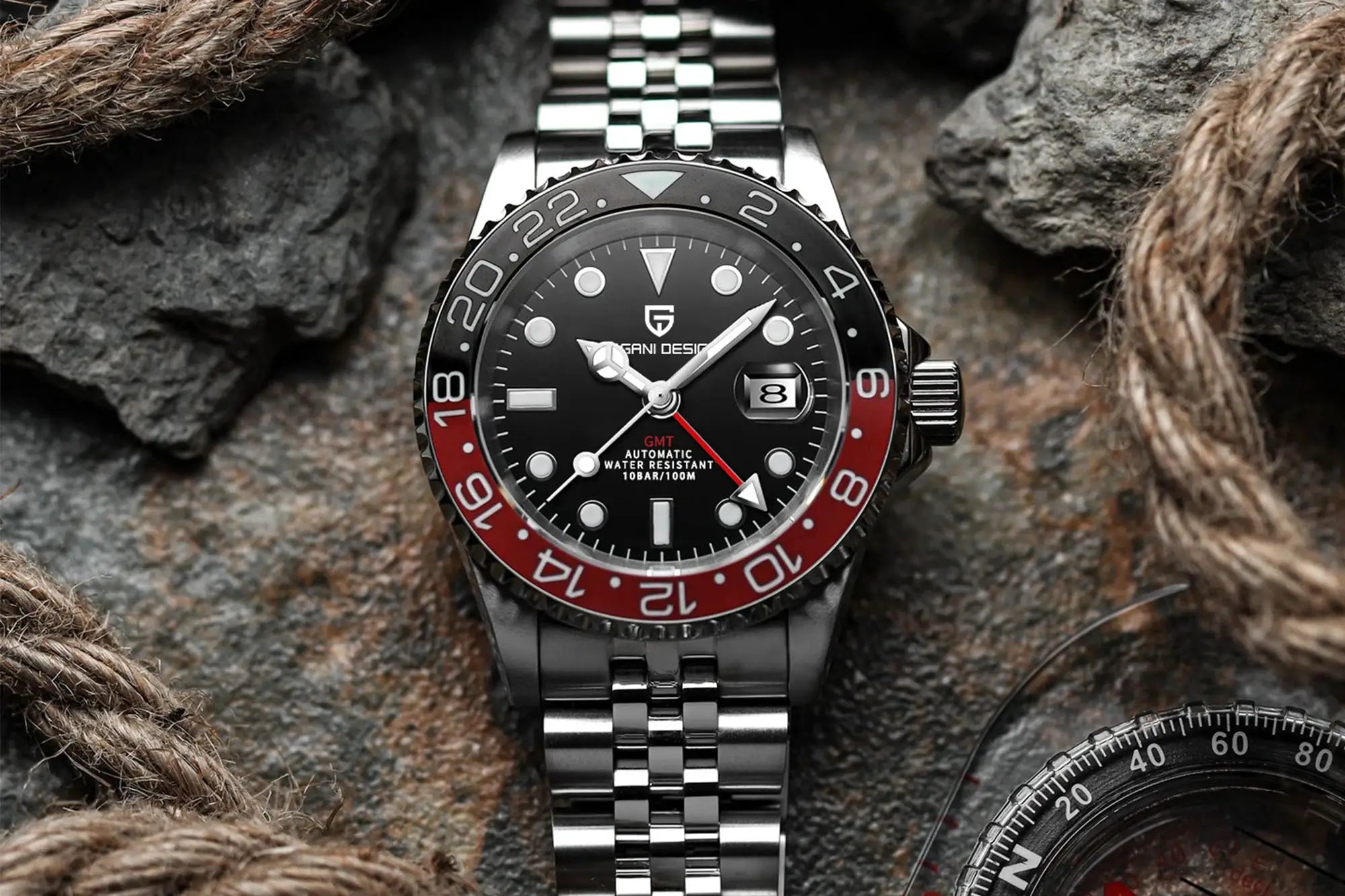 Pagani Design V3 GMT watch with stainless steel bracelet, black dial and red/black bi-color bezel