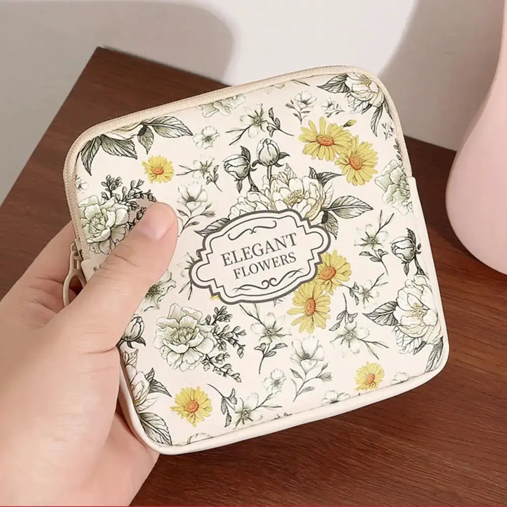 Creative PVC Floral Print Large Capacity Multipurpose Storage Bag For Sanitary Pads Coins And Cosmetics