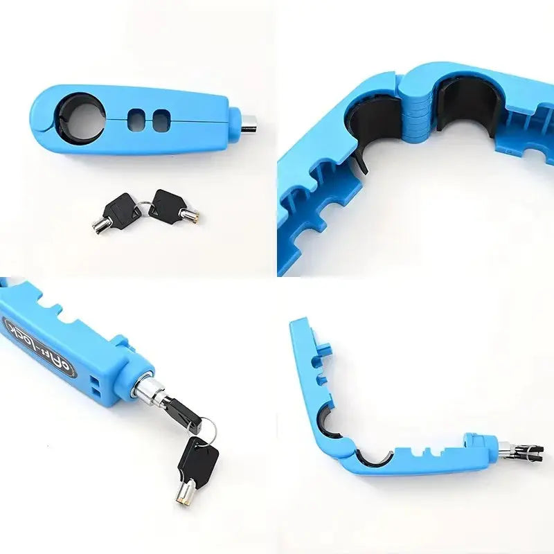 Blue motorcycle handlebar lock with keys; universal anti-theft throttle, clutch and brake lock.