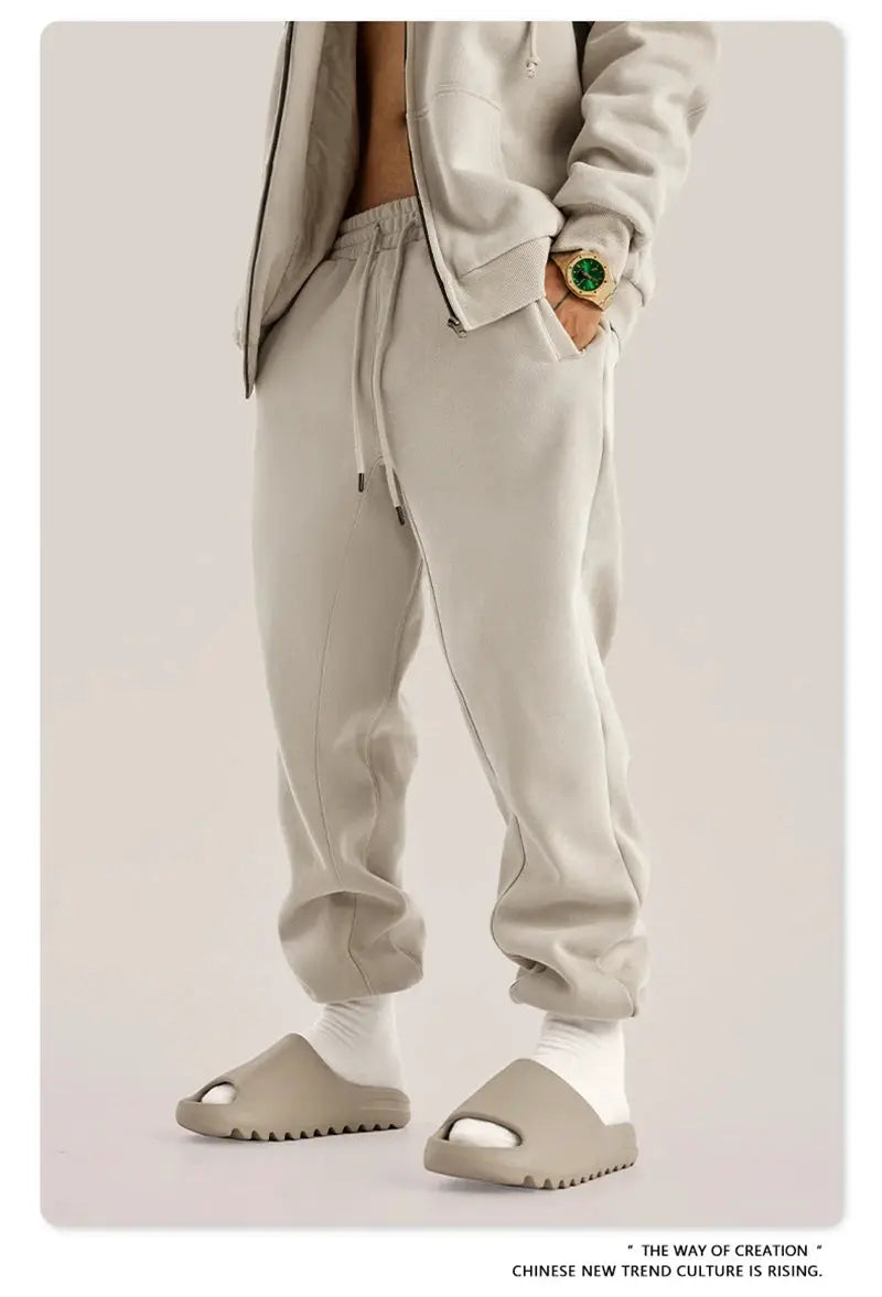 ZODF fleece sweatpants, beige unisex joggers with drawstring for a loose retro hip-hop look
