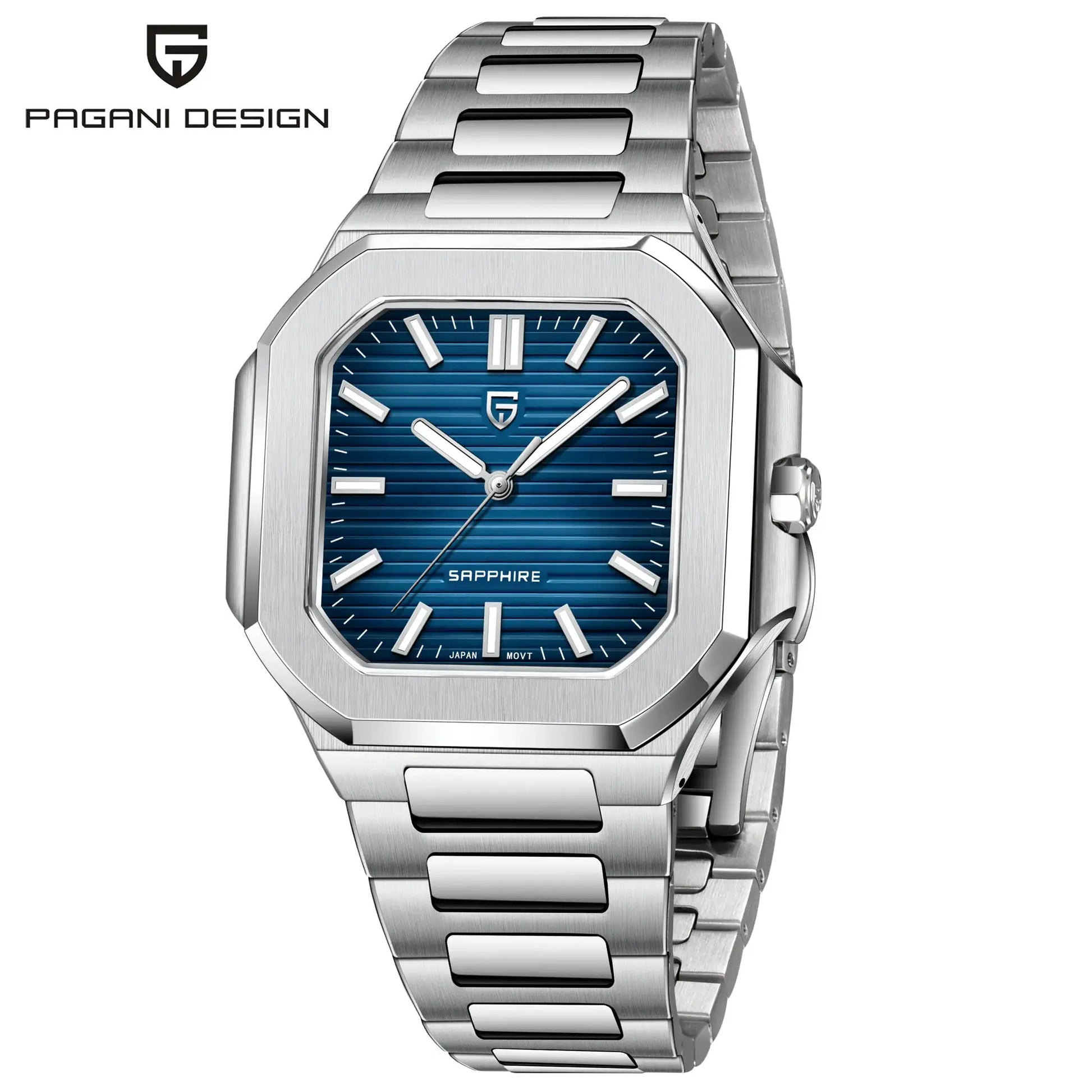 Pagani Design men's quartz wristwatch with blue dial, sapphire crystal, and stainless steel bracelet.