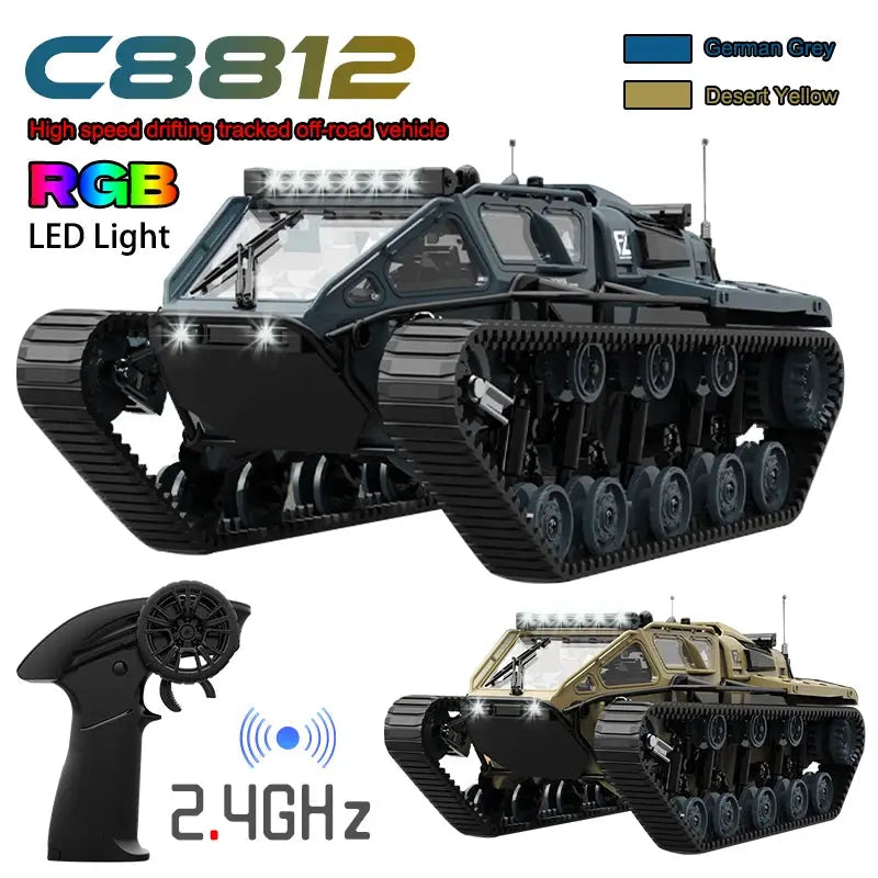JJRC C8812 LED Light Full Scale Tracked Tank Simulation Model Toy RC Car Drift Remote Control Off Road Vehicle